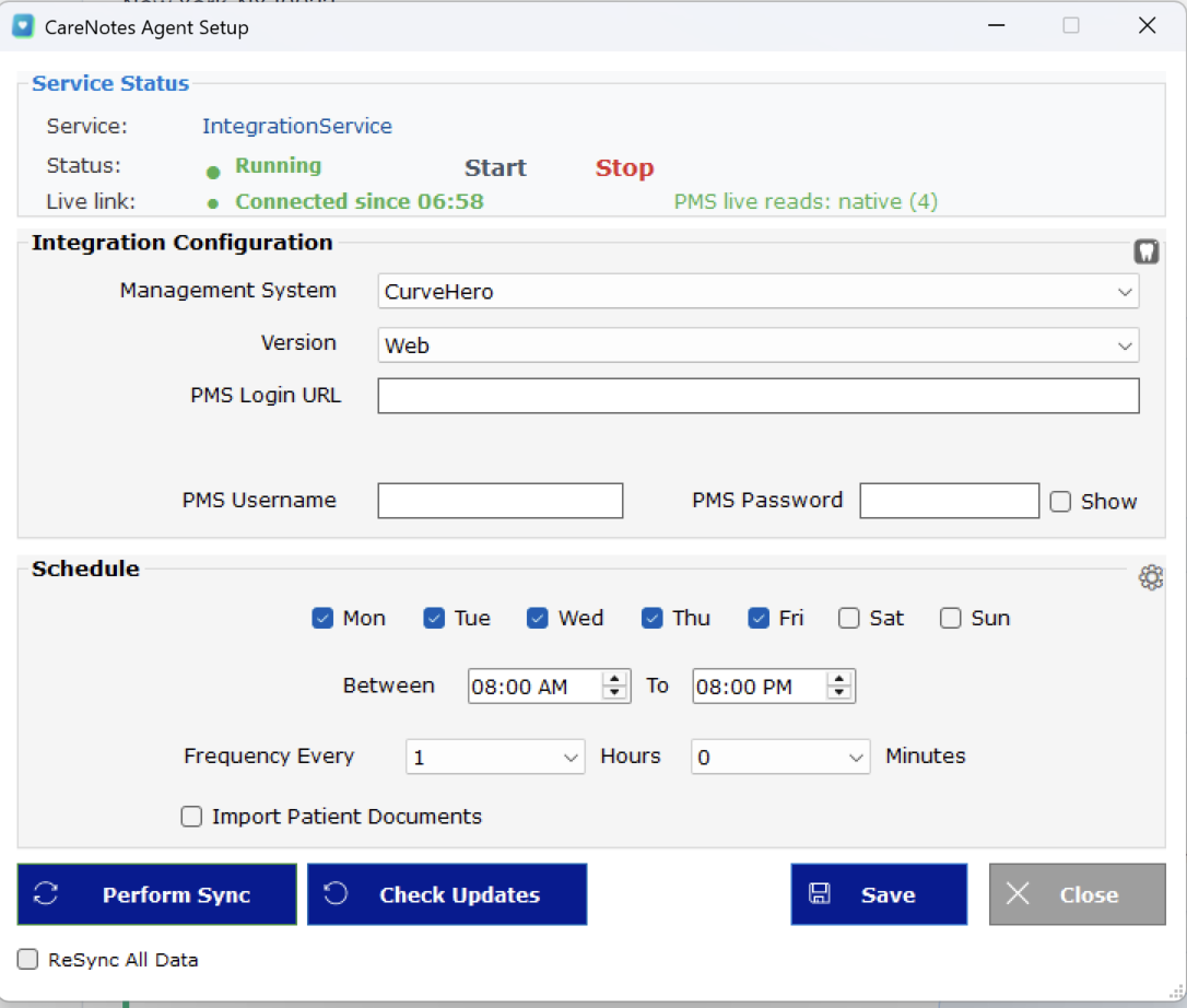 CurveHero selected, Version set to Web, with PMS Login URL, username, and password fields