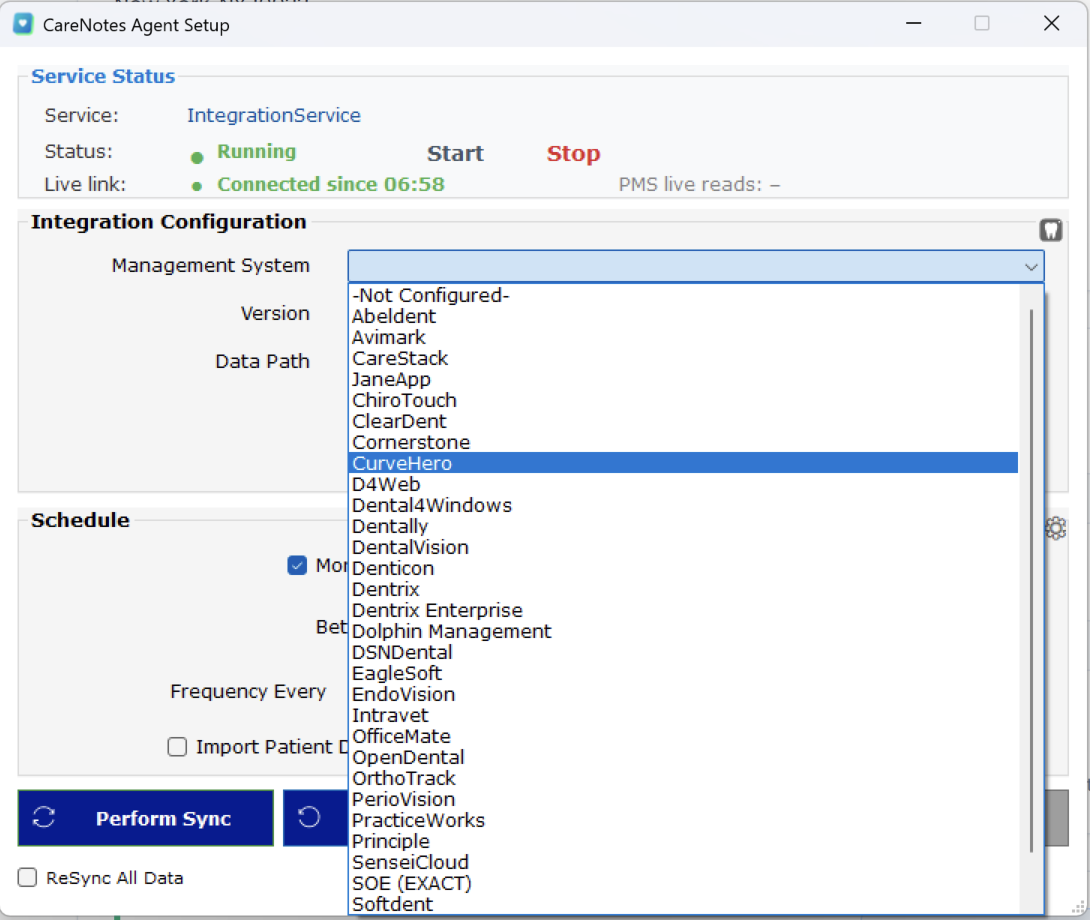 CareNotes Agent Management System list with CurveHero selected