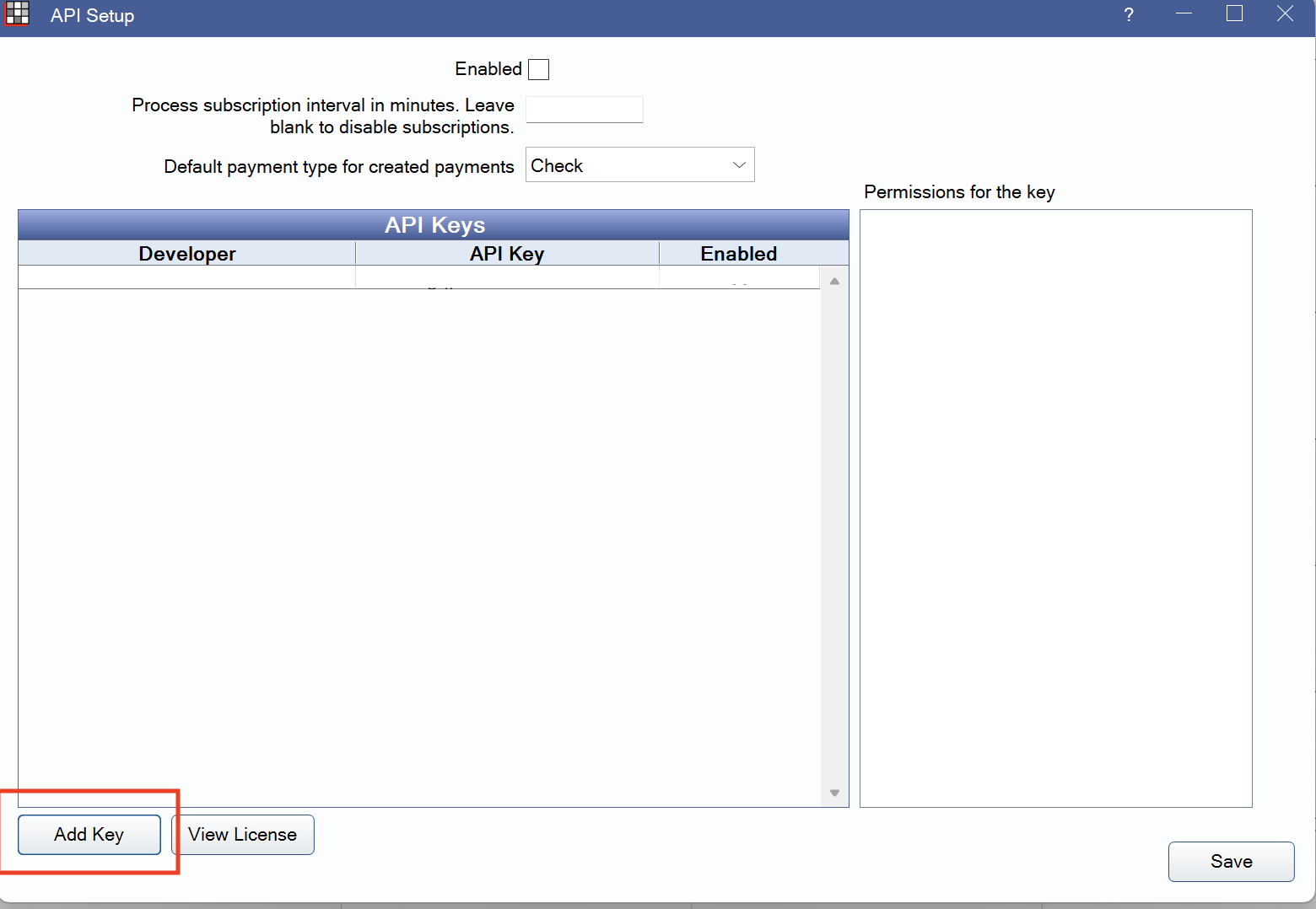 API Setup window with Add Key highlighted