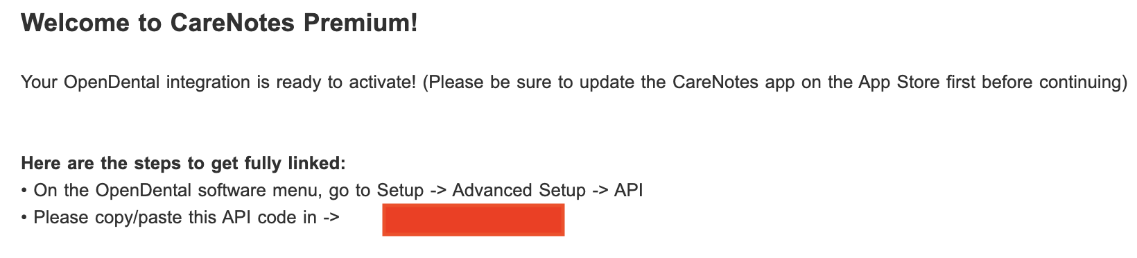 Welcome email showing the Open Dental API code