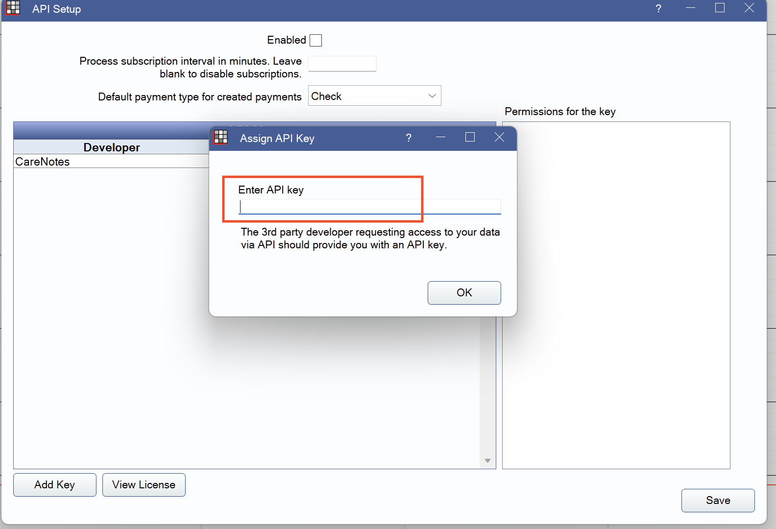 Assign API Key dialog with Enter API key field