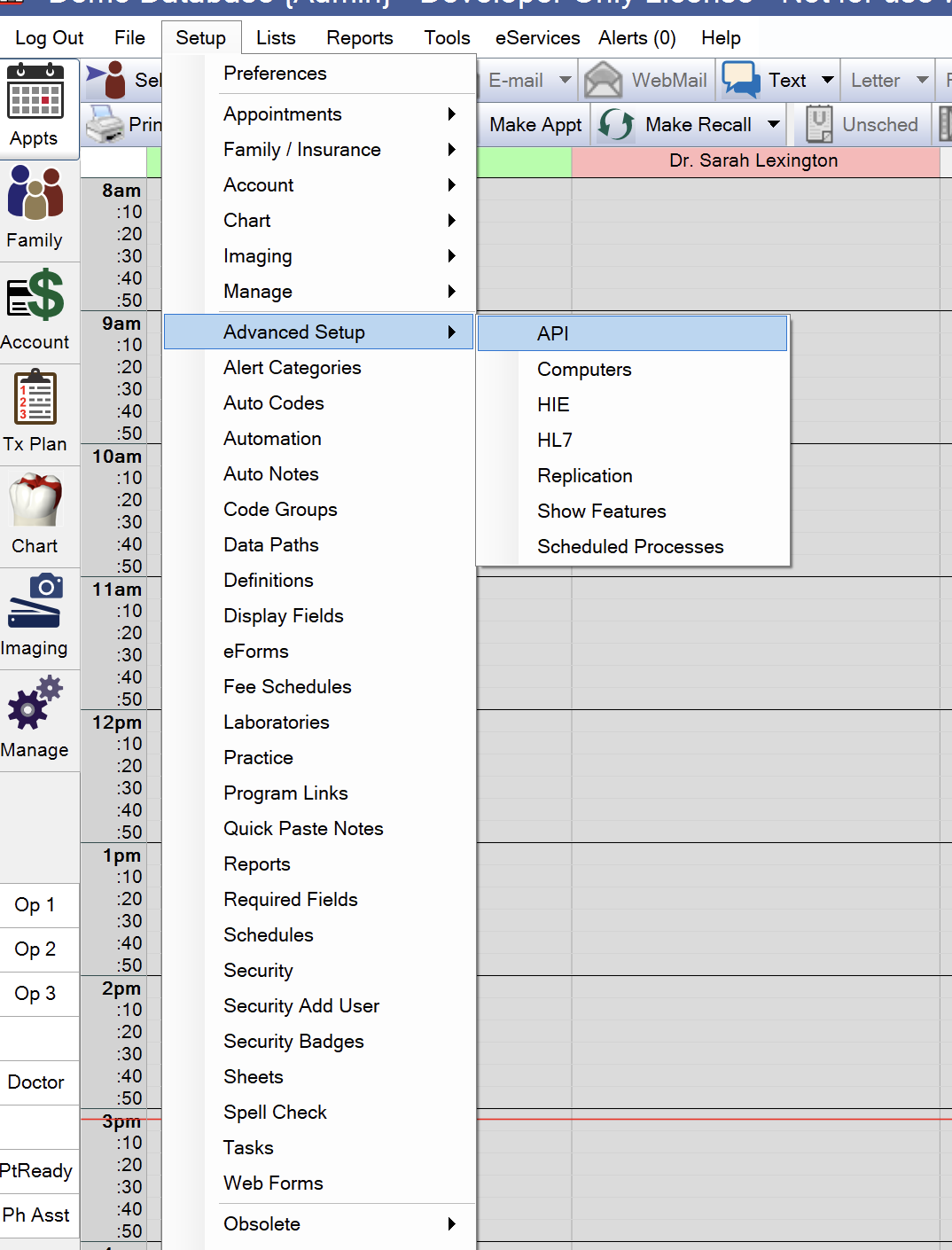 Open Dental Setup menu, Advanced Setup, API