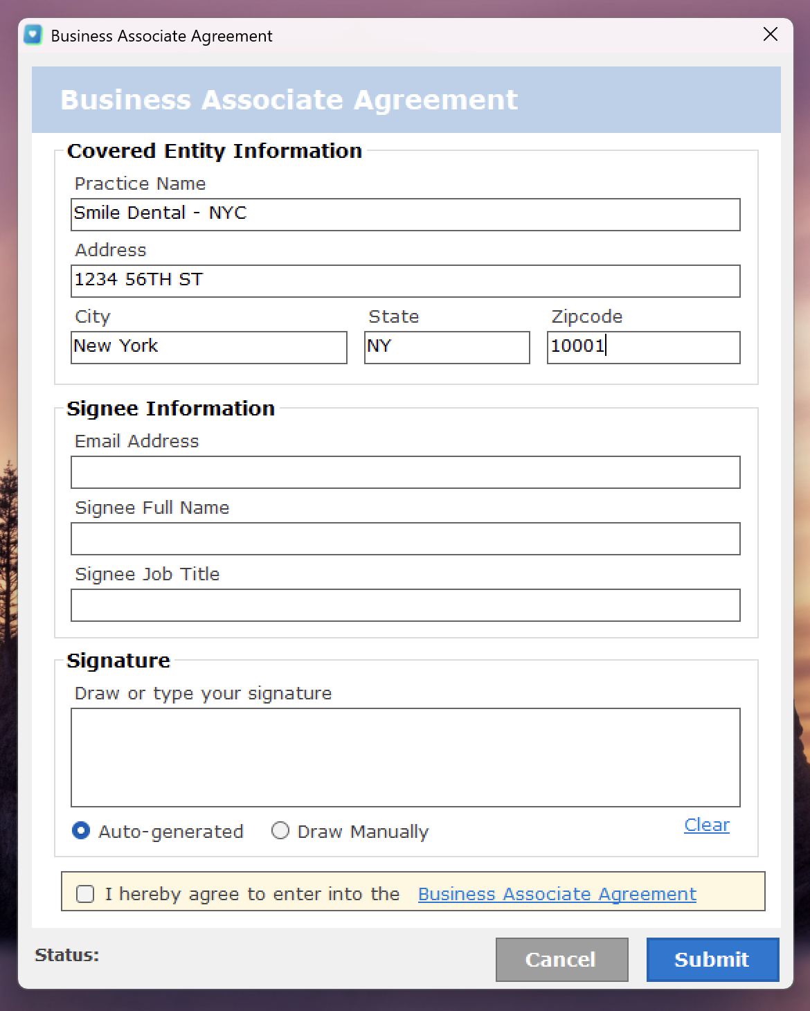 Business Associate Agreement form