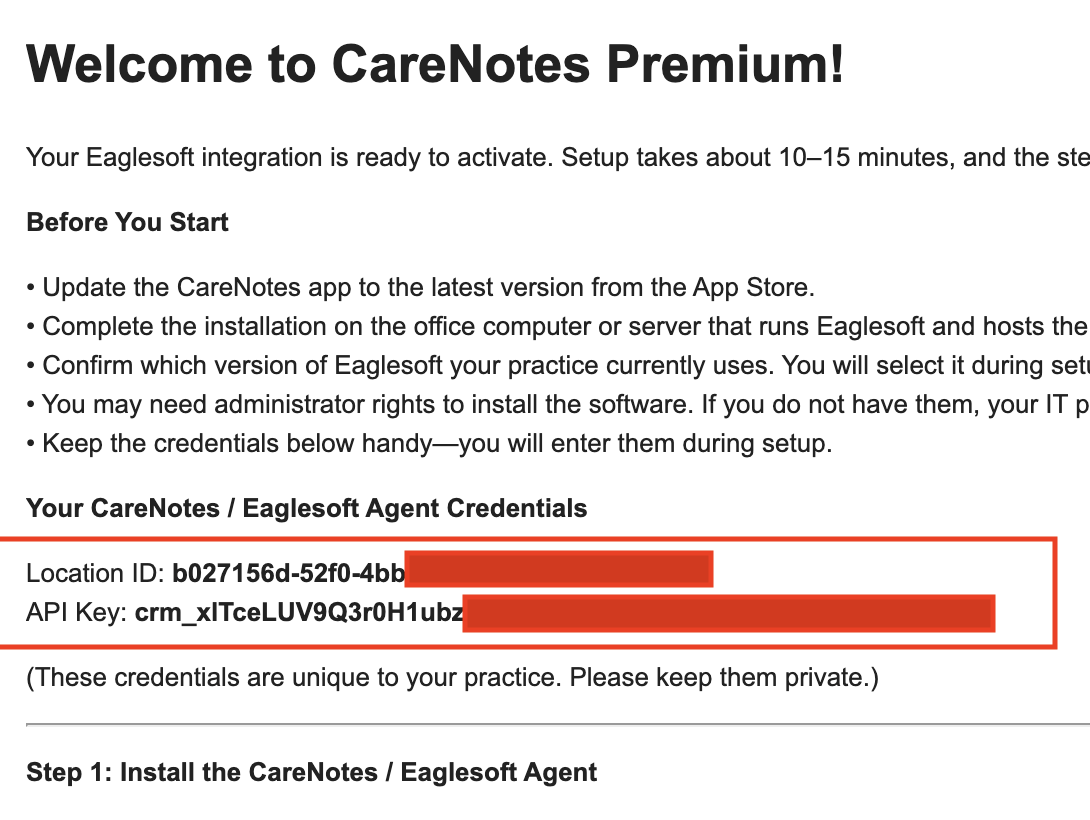 Welcome email showing Location ID and API Key in a red box