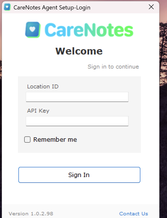 CareNotes Agent login screen with Location ID and API Key fields