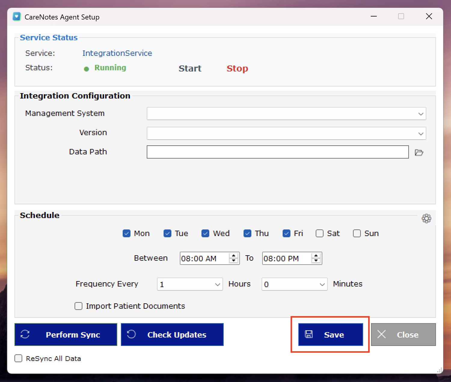 Save button highlighted and service status showing Running