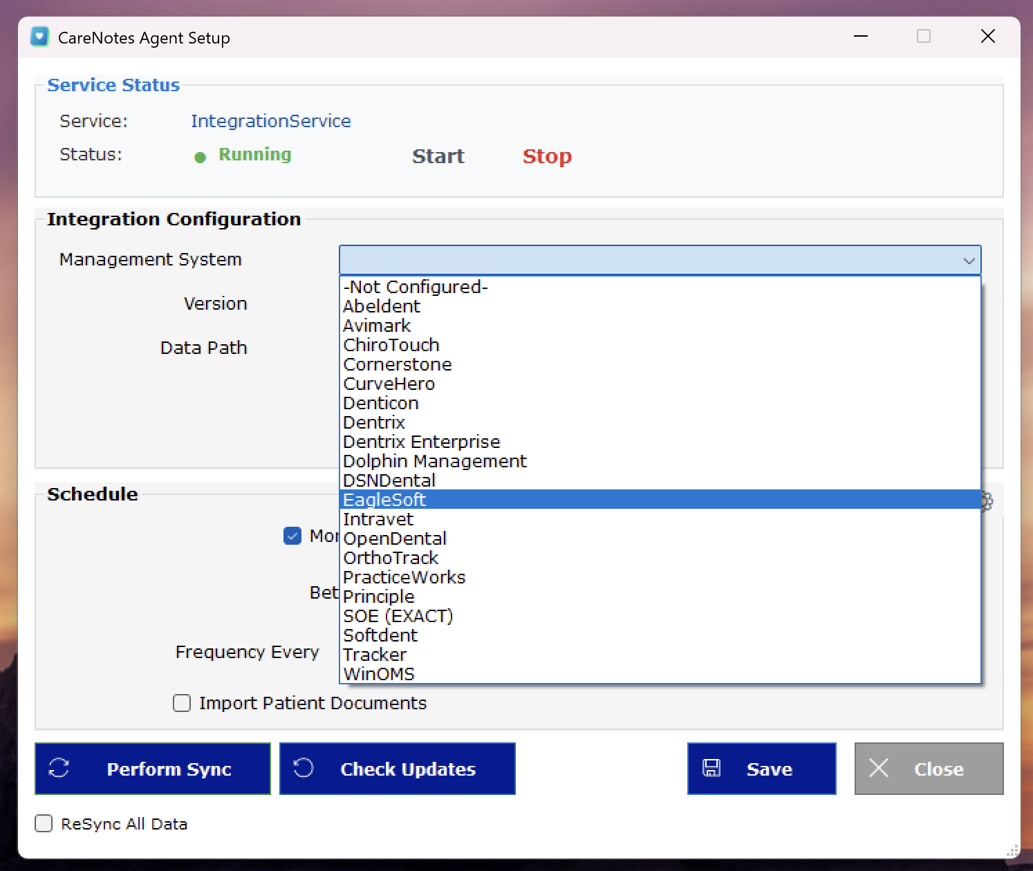 Selecting the dental management system from the dropdown