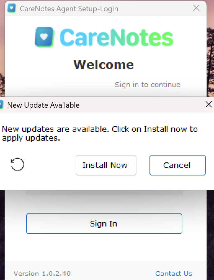 New Update Available dialog with Install Now button