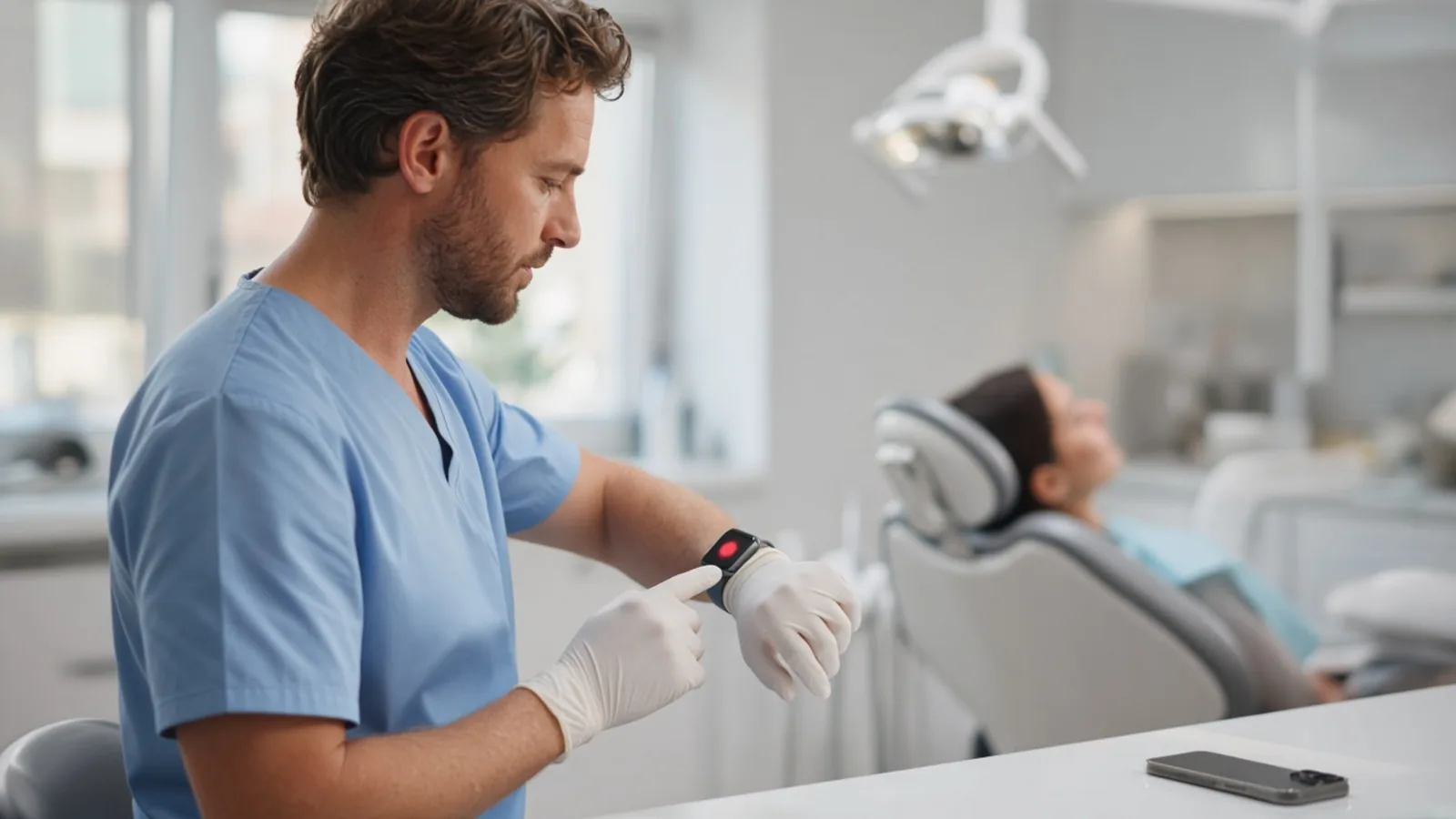 A dentist in scrubs taps the Apple Watch on their wrist to start recording. The phone stays in the back office.