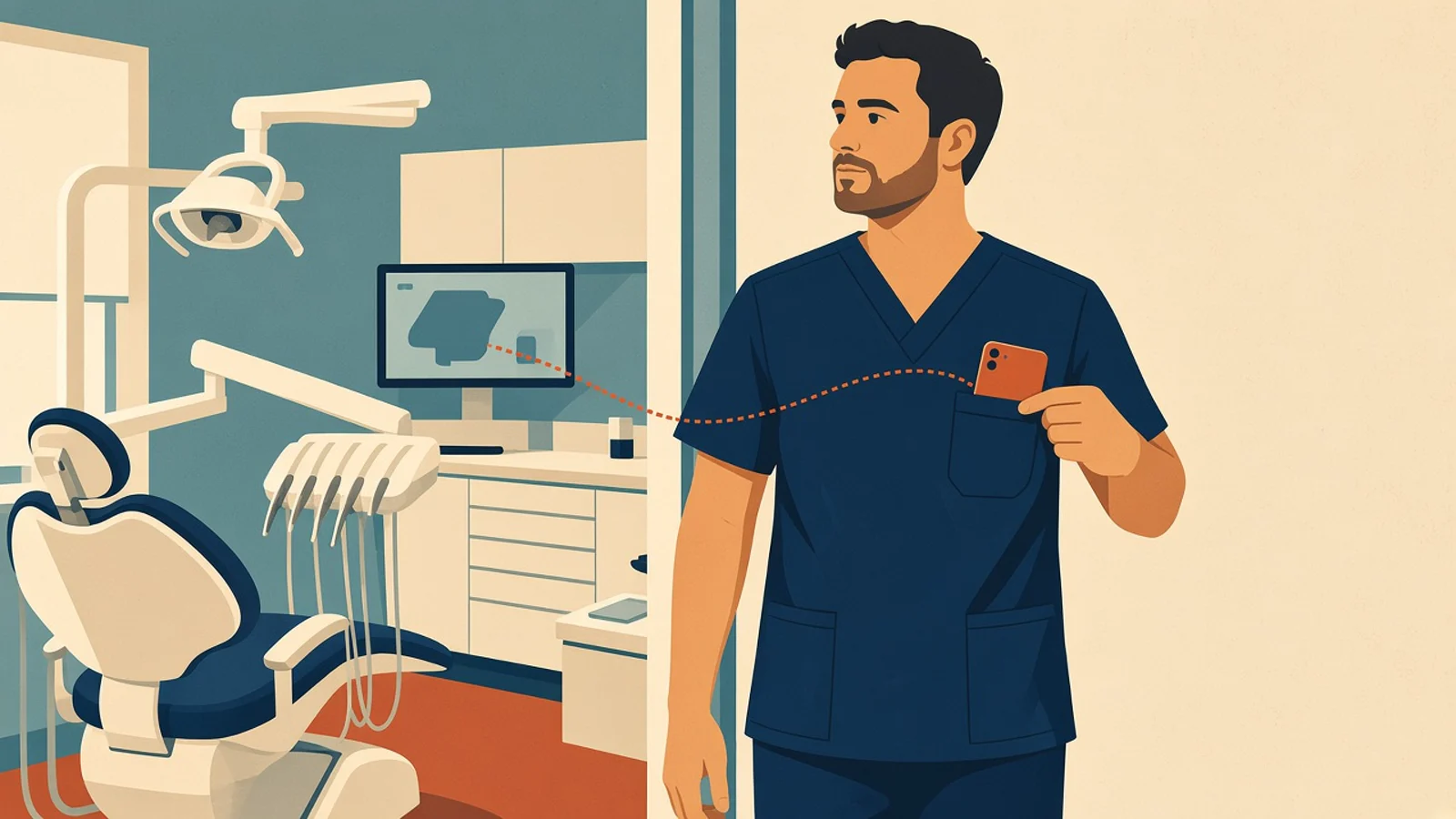 Illustration of a dentist leaving the operatory with the note travelling to the chart computer