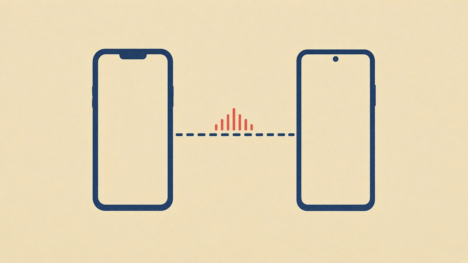 Screen-print illustration of an iPhone and an Android phone joined by a dashed line carrying a small bar-chart glyph