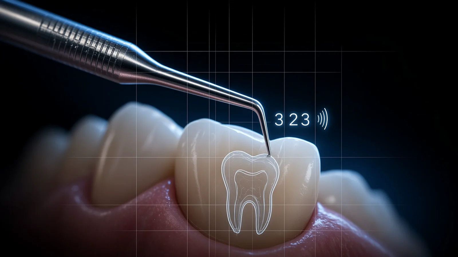 Close-up of a periodontal probe with the spoken reading 3 2 3 beside the tip