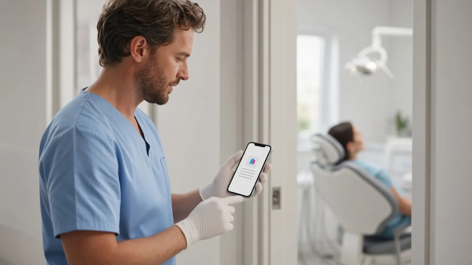 A dentist pauses in the hallway outside the operatory, reading the CareAssist recap on their phone while the patient waits in the chair