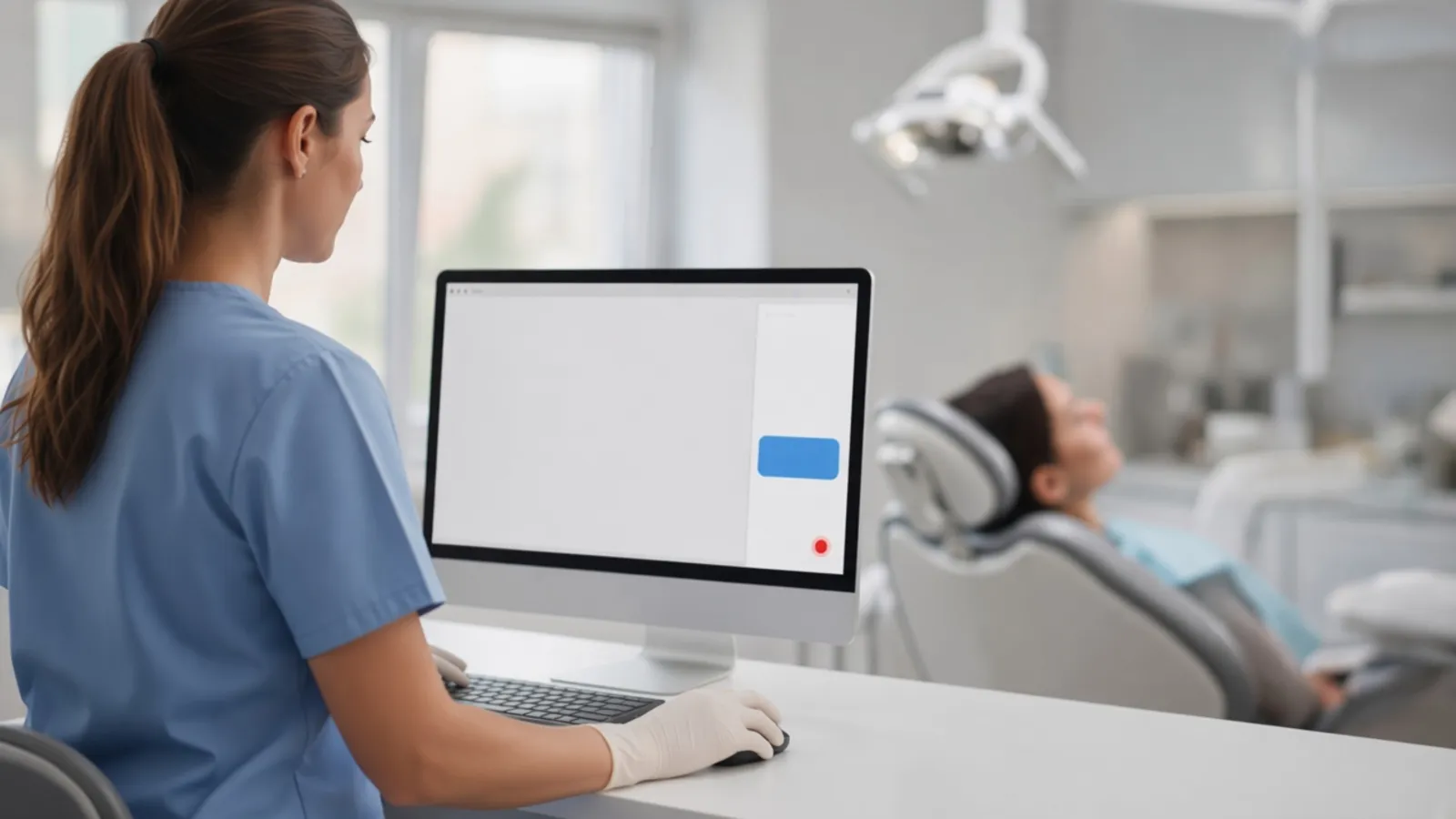 A dental assistant at the operatory computer, clicking record in the CareNotes side panel while the dentist works on a patient in the background