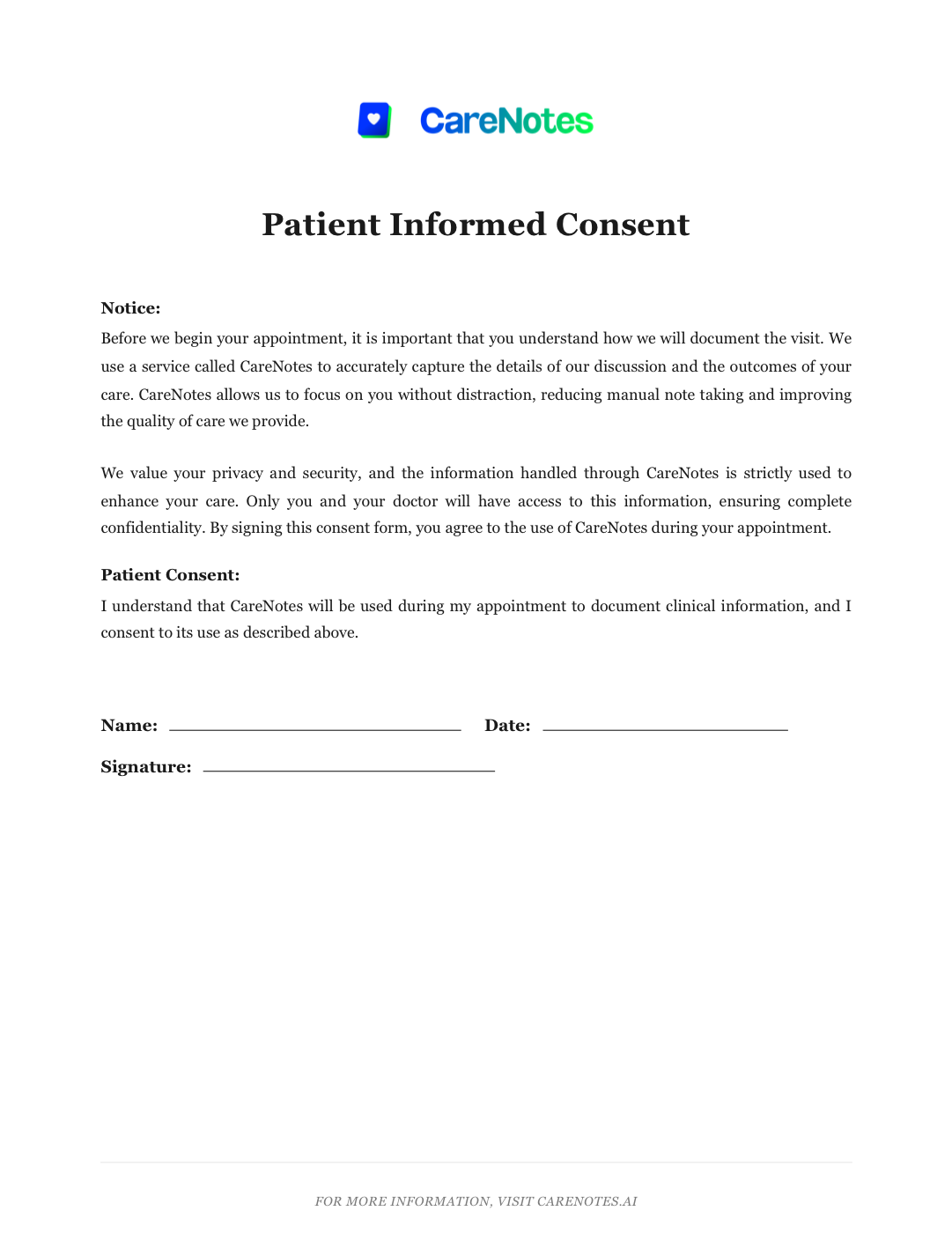 Preview of the CareNotes patient consent form