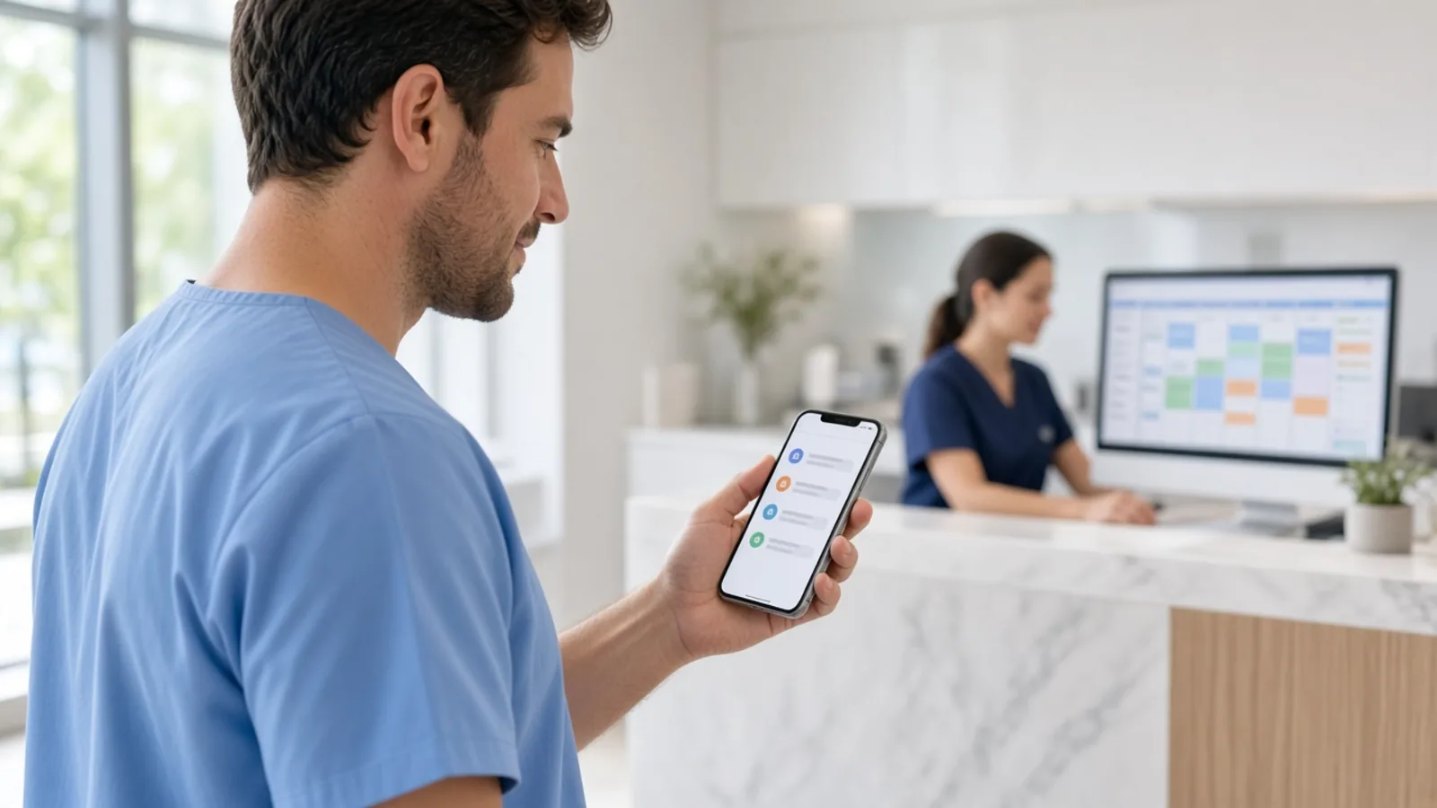 A dentist reads today's patient list on his iPhone while the front desk works in the practice schedule behind him