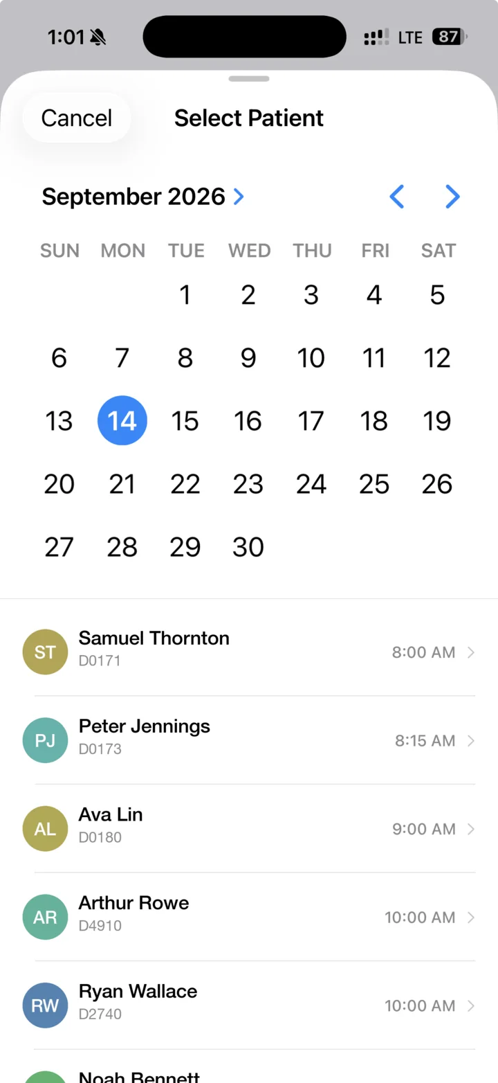 Select Patient calendar in CareNotes showing the day's synced appointments listed by time