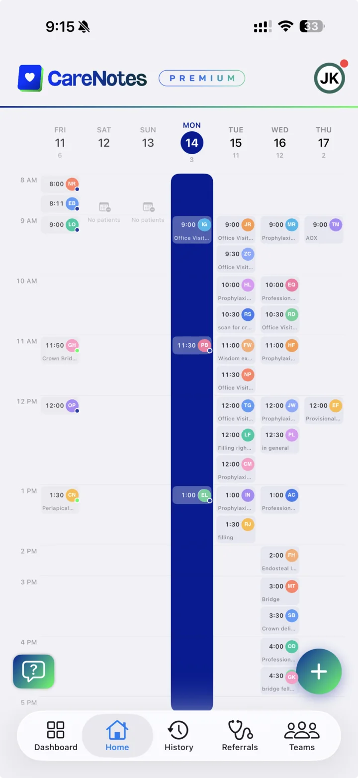 CareNotes weekly schedule view showing the whole office's synced appointments by day