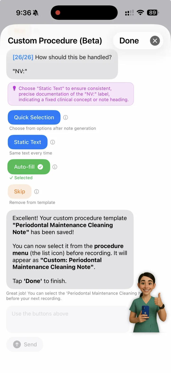 Carey asking how a section should be handled with Quick Selection, Static Text, Auto-fill and Skip options, then confirming the template was saved