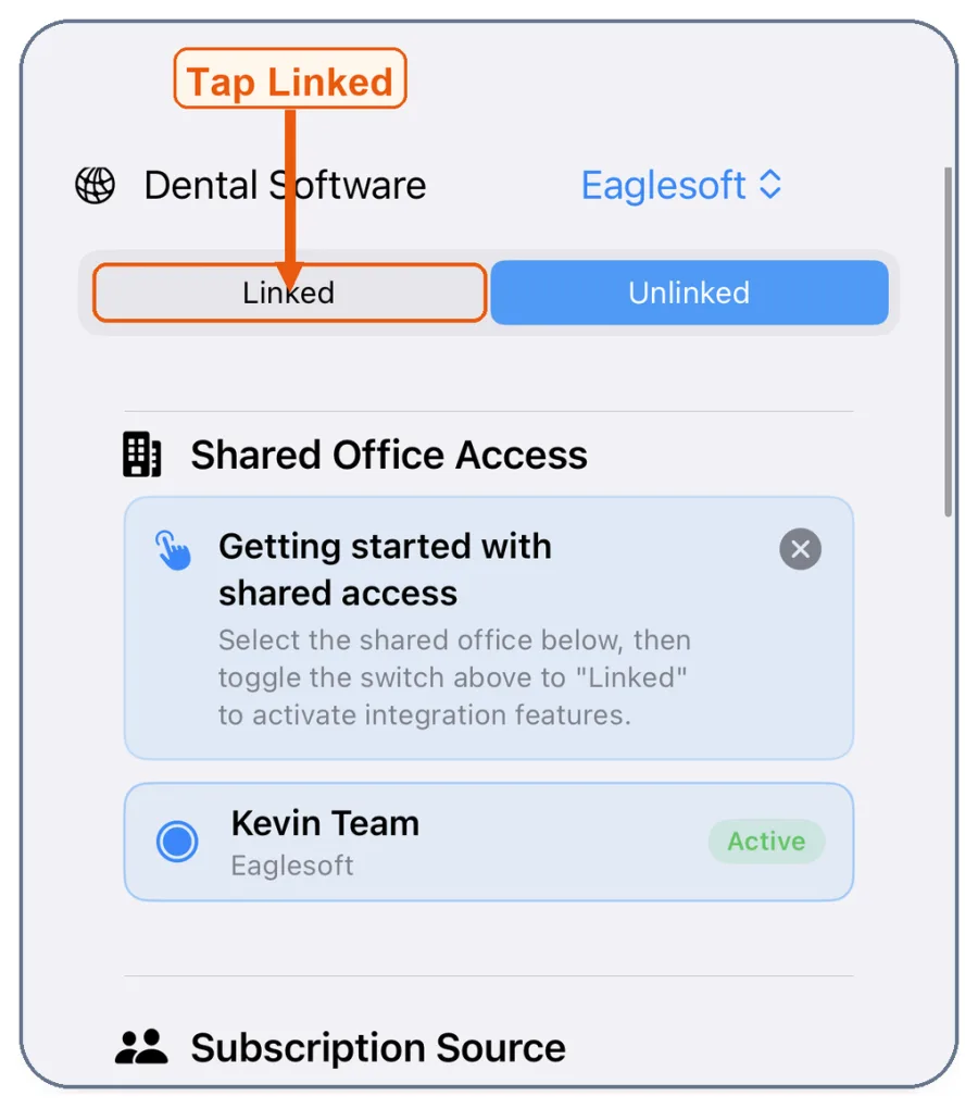 Dental Software settings with Eaglesoft selected, a Tap Linked callout pointing at the Linked toggle, and a shared office listed under Shared Office Access