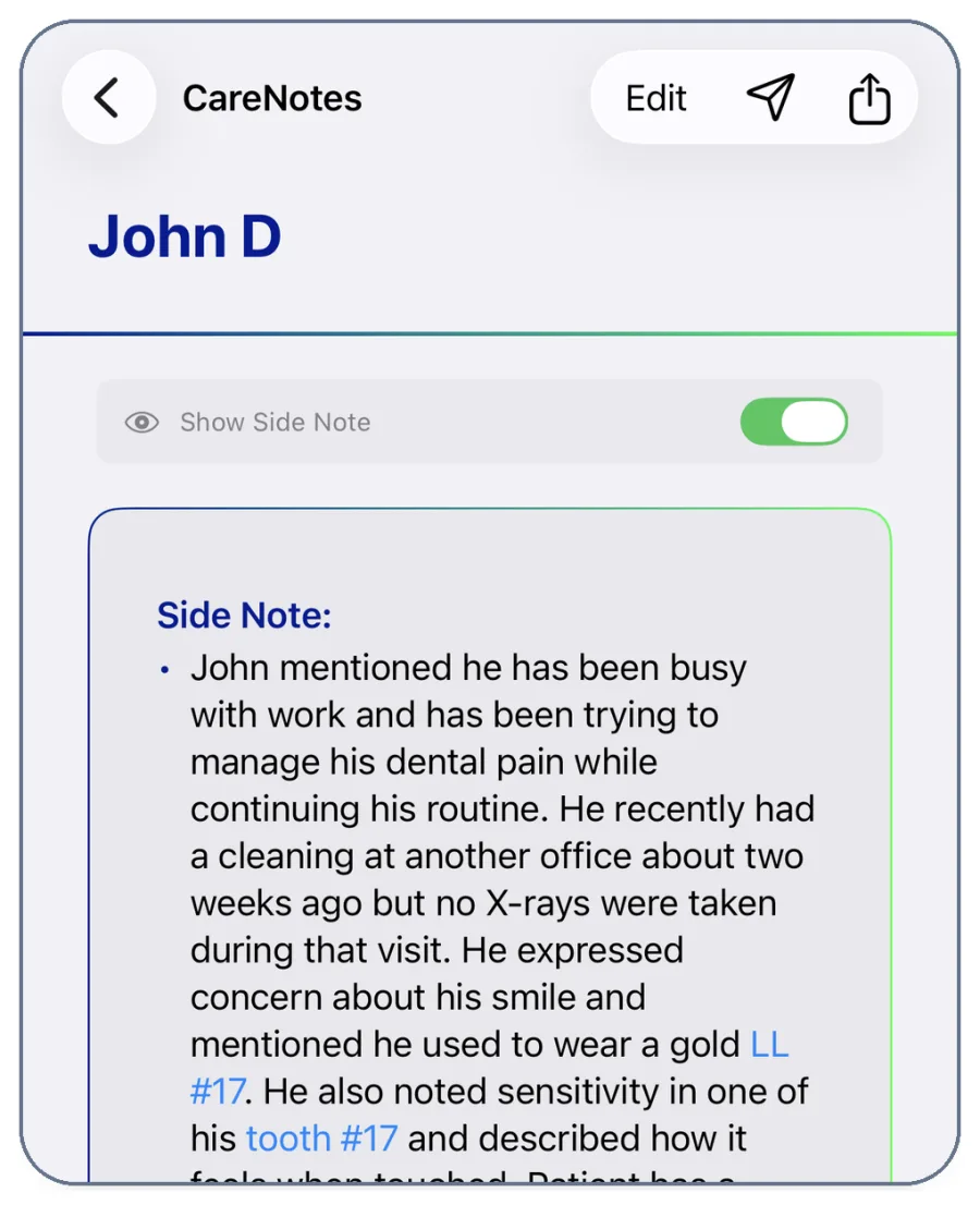 A generated CareNotes note open for review with Edit, send, and share buttons and the Show Side Note toggle turned on