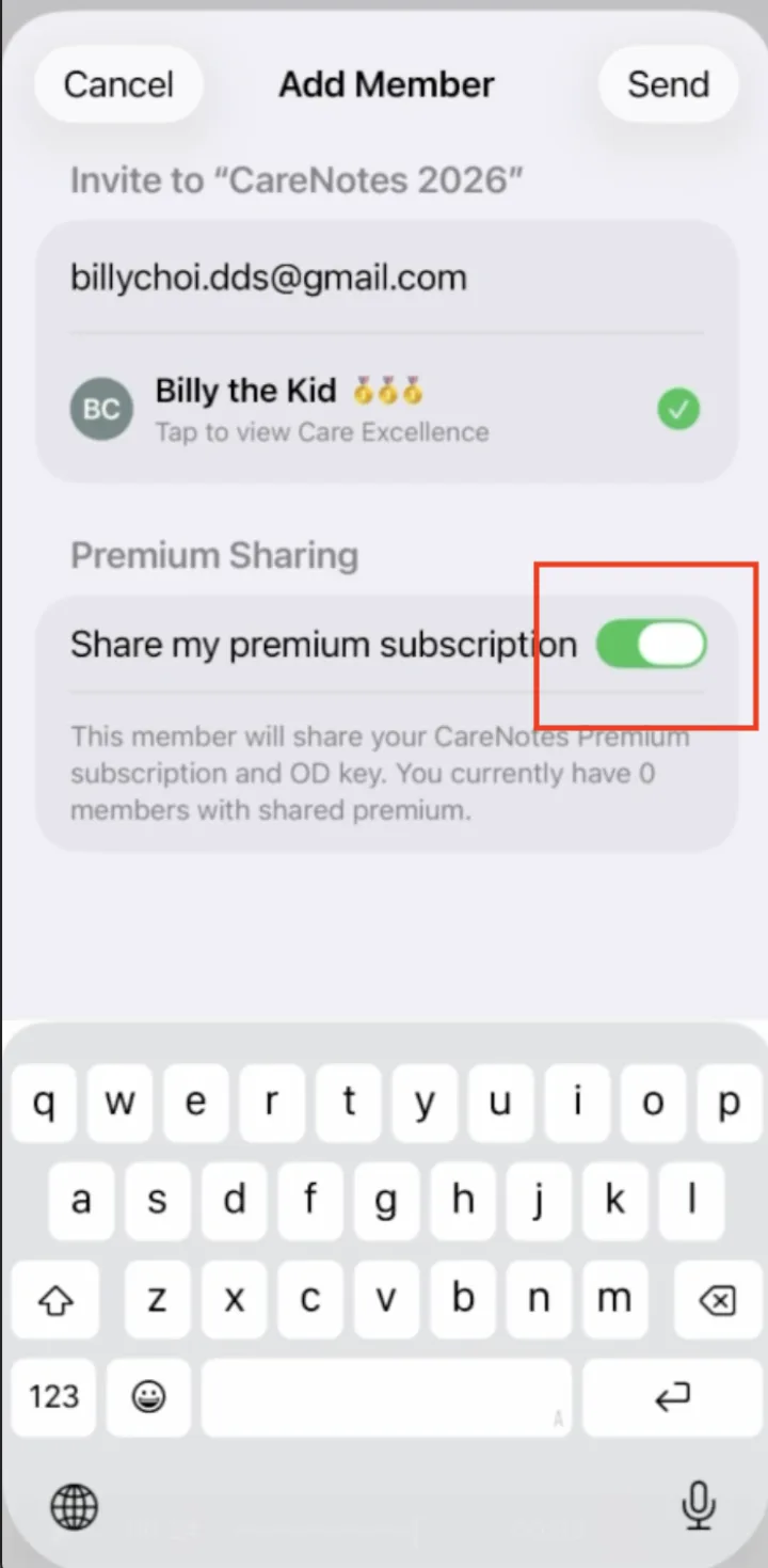 Add Member sheet with an email entered and the Share my premium subscription toggle turned on