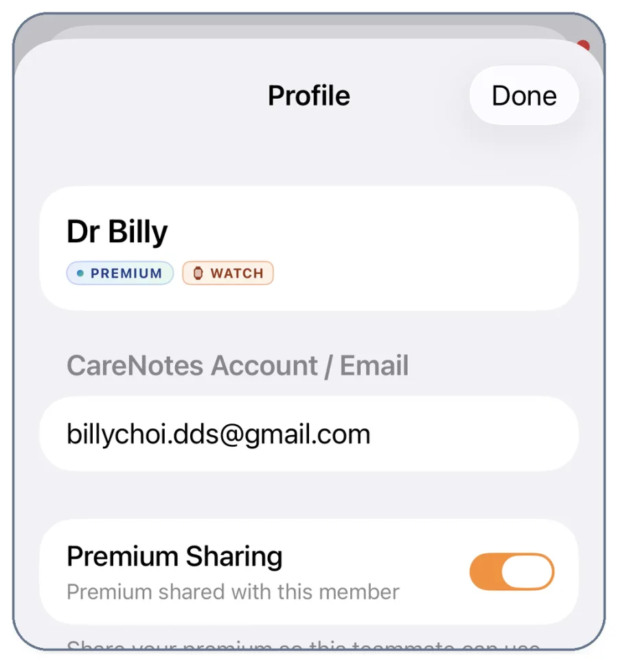 A team member's profile in CareNotes with Premium and Watch badges and the Premium Sharing toggle turned on