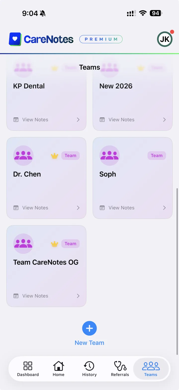 Teams tab in CareNotes with a New Team plus button at the bottom of the screen