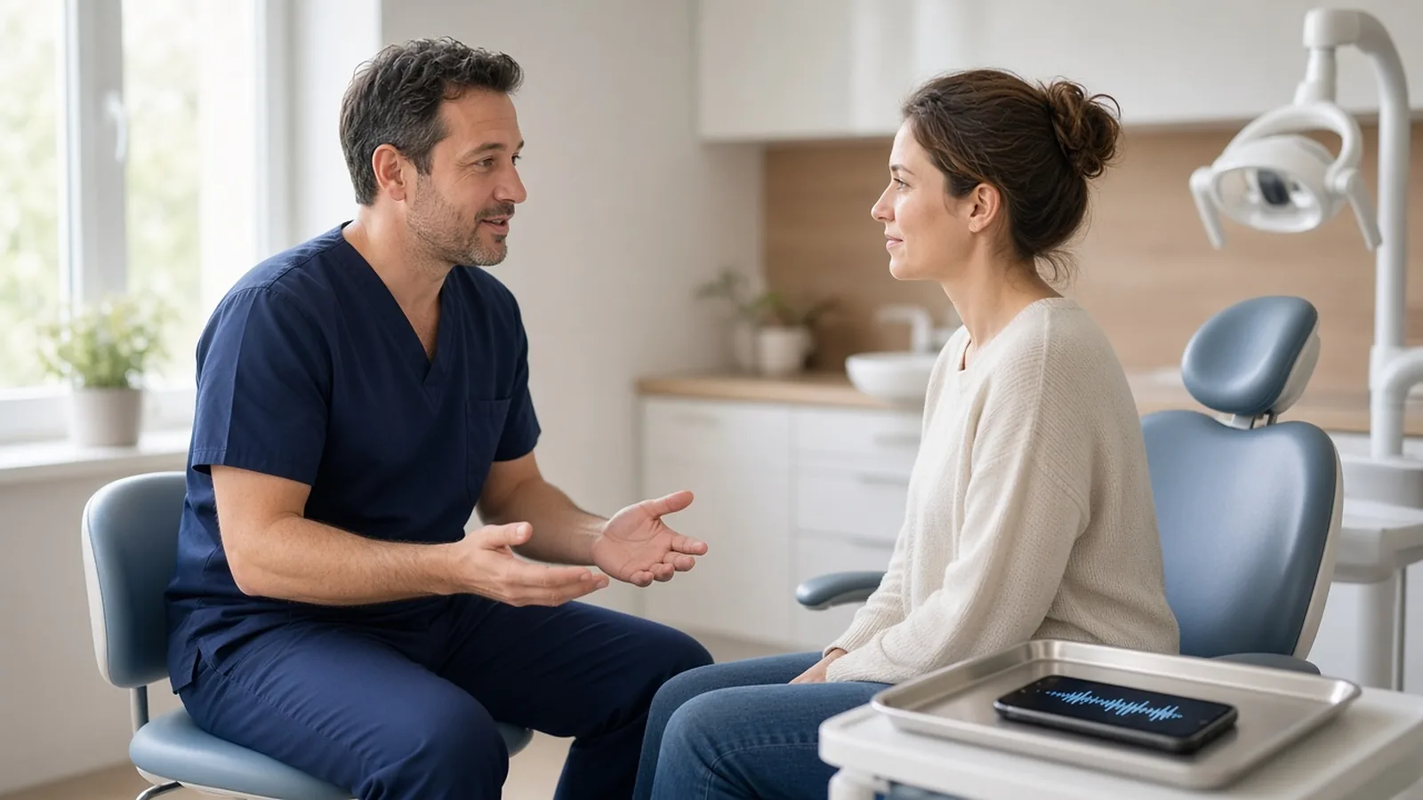 A dentist in navy scrubs talking face to face with a patient in a bright operatory, while a phone rests on the tray beside them